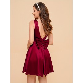Mini Bow Back Solid Satin Fit and Flare Sleeveless Dress - Elegant Party and Banquet Outfit for Women - Perfect for Birthday, Wedding, and Engagement Occasions Mini Bow Back Solid Satin Fit and Flare Sleeveless Dress - Elegant Party and Banquet Outfit for Women - Perfect for Birthday, Wedding, and Engagement Occasions