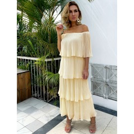 Solid Off-shoulder Tiered Dress, Elegant Straight Neck Ankle Length Dress, Women's Clothing Solid Off-shoulder Tiered Dress, Elegant Straight Neck Ankle Length Dress, Women's Clothing