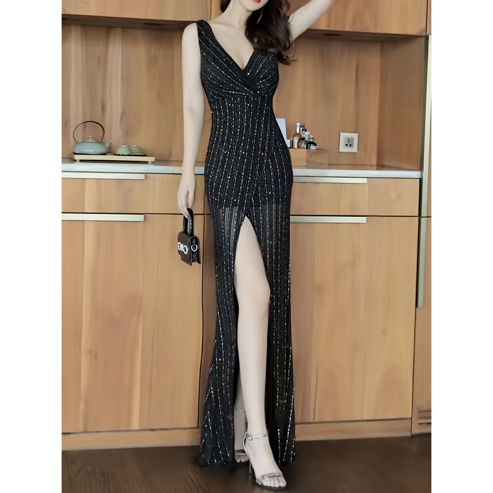 Elegant V-neck Tank Dress, Sleeveless Split Hem Maxi Bodycon Glitter Striped Pattern Dress For Club & Party, Women's Clothing Elegant V-neck Tank Dress, Sleeveless Split Hem Maxi Bodycon Glitter Striped Pattern Dress For Club & Party, Women's Clothing