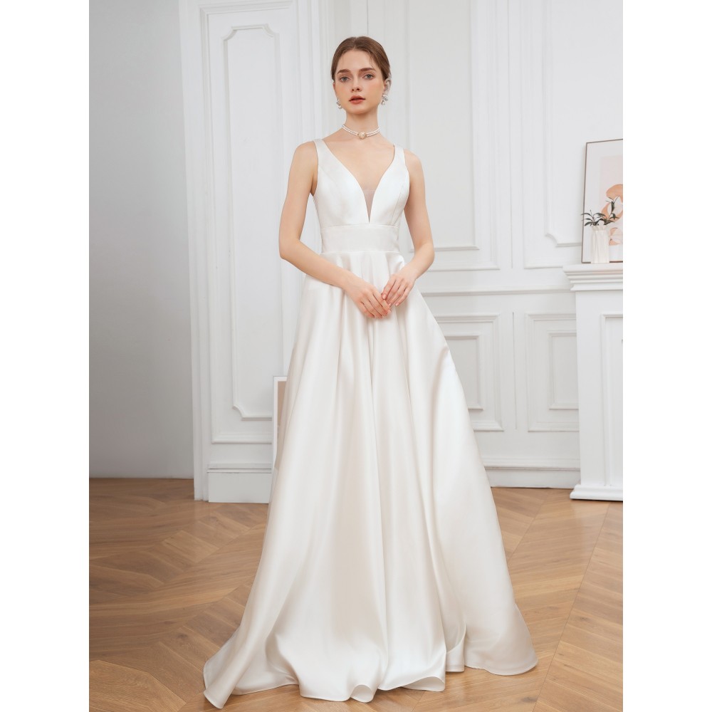 Elegant V-Neck Sleeveless A-Line Wedding Gown with Pencil Skirt and Exposed Back Elegant V-Neck Sleeveless A-Line Wedding Gown with Pencil Skirt and Exposed Back