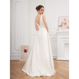 Elegant V-Neck Sleeveless A-Line Wedding Gown with Pencil Skirt and Exposed Back Elegant V-Neck Sleeveless A-Line Wedding Gown with Pencil Skirt and Exposed Back