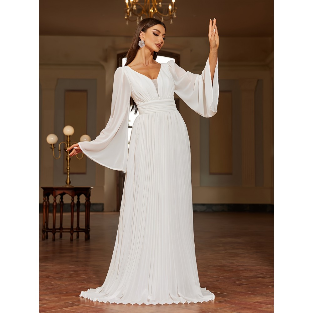 Solid V-neck Pleated Sweep Train Dress, Elegant Flare Sleeve Trumpet Dress For Wedding Party, Women's Clothing Solid V-neck Pleated Sweep Train Dress, Elegant Flare Sleeve Trumpet Dress For Wedding Party, Women's Clothing