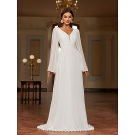 Solid V-neck Pleated Sweep Train Dress, Elegant Flare Sleeve Trumpet Dress For Wedding Party, Women's Clothing Solid V-neck Pleated Sweep Train Dress, Elegant Flare Sleeve Trumpet Dress For Wedding Party, Women's Clothing