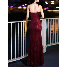 Elegant Black Sequin Evening Gown for Women - Luxurious Off-Shoulder, Sleeveless with Belt & Side Slit, Perfect for Parties & Banquets Elegant Black Sequin Evening Gown for Women - Luxurious Off-Shoulder, Sleeveless with Belt & Side Slit, Perfect for Parties & Banquets