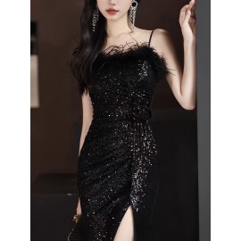 Elegant Black Sequin Evening Gown for Women - Luxurious Off-Shoulder, Sleeveless with Belt & Side Slit, Perfect for Parties & Banquets Elegant Black Sequin Evening Gown for Women - Luxurious Off-Shoulder, Sleeveless with Belt & Side Slit, Perfect for Parties & Banquets