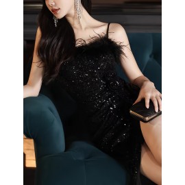 Elegant Black Sequin Evening Gown for Women - Luxurious Off-Shoulder, Sleeveless with Belt & Side Slit, Perfect for Parties & Banquets Elegant Black Sequin Evening Gown for Women - Luxurious Off-Shoulder, Sleeveless with Belt & Side Slit, Perfect for Parties & Banquets