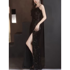 Elegant Black Sequin Evening Gown for Women - Luxurious Off-Shoulder, Sleeveless with Belt & Side Slit, Perfect for Parties & Banquets Elegant Black Sequin Evening Gown for Women - Luxurious Off-Shoulder, Sleeveless with Belt & Side Slit, Perfect for Parties & Banquets