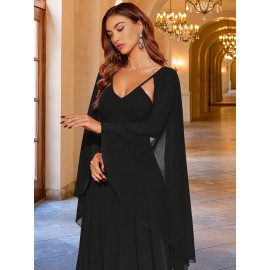 Elegant V-Neck Long Sleeve Sheer Shawl Dress with Exposed Back, Knit Fabric, A-Line Style, Solid Color, Super Long Length, All-Season Adult Dress Elegant V-Neck Long Sleeve Sheer Shawl Dress with Exposed Back, Knit Fabric, A-Line Style, Solid Color, Super Long Length, All-Season Adult Dress
