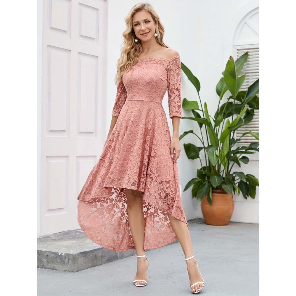3/4 Sleeves Lace High-Low Off Shoulder Bridesmaid Dress, Cocktail Party Dress for Church Wedding Guest Formal Party 3/4 Sleeves Lace High-Low Off Shoulder Bridesmaid Dress, Cocktail Party Dress for Church Wedding Guest Formal Party