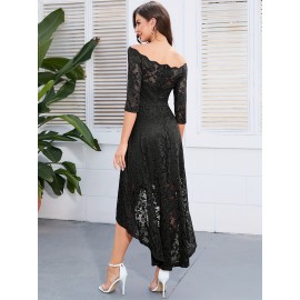3/4 Sleeves Lace High-Low Off Shoulder Bridesmaid Dress, Cocktail Party Dress for Church Wedding Guest Formal Party 3/4 Sleeves Lace High-Low Off Shoulder Bridesmaid Dress, Cocktail Party Dress for Church Wedding Guest Formal Party