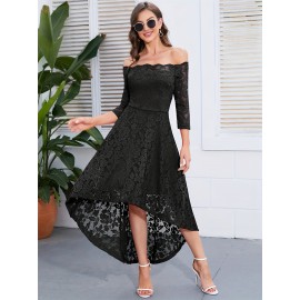 3/4 Sleeves Lace High-Low Off Shoulder Bridesmaid Dress, Cocktail Party Dress for Church Wedding Guest Formal Party 3/4 Sleeves Lace High-Low Off Shoulder Bridesmaid Dress, Cocktail Party Dress for Church Wedding Guest Formal Party