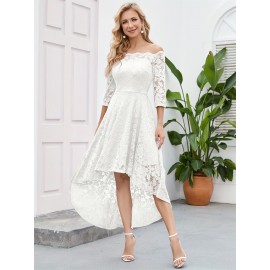 3/4 Sleeves Lace High-Low Off Shoulder Bridesmaid Dress, Cocktail Party Dress for Church Wedding Guest Formal Party 3/4 Sleeves Lace High-Low Off Shoulder Bridesmaid Dress, Cocktail Party Dress for Church Wedding Guest Formal Party