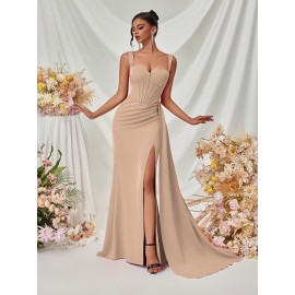 Elegant Spaghetti Strap Backless Gown with Thigh-High Slit - Perfect for Parties & Formal Events, Women's Evening Dress Elegant Spaghetti Strap Backless Gown with Thigh-High Slit - Perfect for Parties & Formal Events, Women's Evening Dress