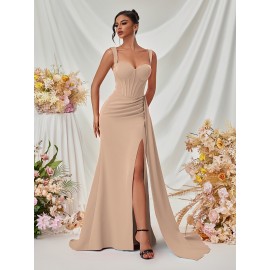 Elegant Spaghetti Strap Backless Gown with Thigh-High Slit - Perfect for Parties & Formal Events, Women's Evening Dress Elegant Spaghetti Strap Backless Gown with Thigh-High Slit - Perfect for Parties & Formal Events, Women's Evening Dress