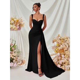 Elegant Spaghetti Strap Backless Gown with Thigh-High Slit - Perfect for Parties & Formal Events, Women's Evening Dress Elegant Spaghetti Strap Backless Gown with Thigh-High Slit - Perfect for Parties & Formal Events, Women's Evening Dress