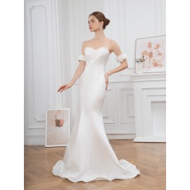 Elegant Off-Shoulder Ruffle Hem Wedding Dress - Exquisite Tie Back Wedding Party Gown for Women - Formal Evening, Occasion, Engagement, Ceremony, and Reception Wear Elegant Off-Shoulder Ruffle Hem Wedding Dress - Exquisite Tie Back Wedding Party Gown for Women - Formal Evening, Occasion, Engagement, Ceremony, and Reception Wear