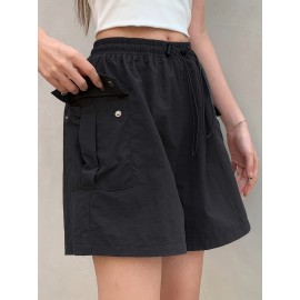 Summer Chic Drawstring Cargo Shorts - Comfortable Polyamide Fabric, Machine Washable, Solid Color, Casual Style for Women - Perfect for Outdoor Activities Summer Chic Drawstring Cargo Shorts - Comfortable Polyamide Fabric, Machine Washable, Solid Color, Casual Style for Women - Perfect for Outdoor Activities