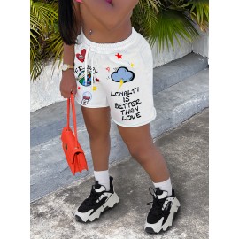 Vibrant Alphabet Print Knit Shorts - Elastic Drawstring Waist, Micro Elastic Polyester Fabric, Casual Style for Spring, Summer, and Fall - Womens High Waist Comfortable Shorts for Everyday Wear Vibrant Alphabet Print Knit Shorts - Elastic Drawstring Waist, Micro Elastic Polyester Fabric, Casual Style for Spring, Summer, and Fall - Womens High Waist Comfortable Shorts for Everyday Wear