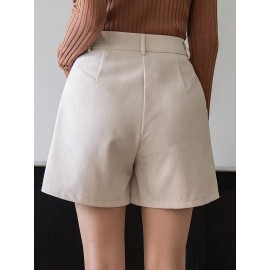 Women'S High-Waisted Straight Pants Shorts with Slant Pockets and Pleats, Solid Color, Woven Polyester, All-Season Women'S High-Waisted Straight Pants Shorts with Slant Pockets and Pleats, Solid Color, Woven Polyester, All-Season