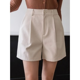 Women'S High-Waisted Straight Pants Shorts with Slant Pockets and Pleats, Solid Color, Woven Polyester, All-Season Women'S High-Waisted Straight Pants Shorts with Slant Pockets and Pleats, Solid Color, Woven Polyester, All-Season