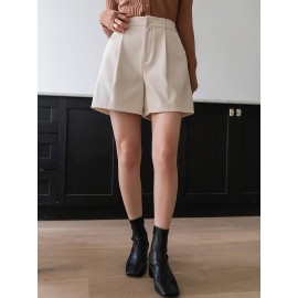 Women'S High-Waisted Straight Pants Shorts with Slant Pockets and Pleats, Solid Color, Woven Polyester, All-Season Women'S High-Waisted Straight Pants Shorts with Slant Pockets and Pleats, Solid Color, Woven Polyester, All-Season