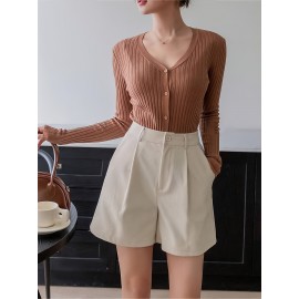 Women'S High-Waisted Straight Pants Shorts with Slant Pockets and Pleats, Solid Color, Woven Polyester, All-Season Women'S High-Waisted Straight Pants Shorts with Slant Pockets and Pleats, Solid Color, Woven Polyester, All-Season