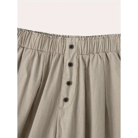 Women's Casual Cotton Shorts with Elastic Waistband and Decorative Buttons - Loose Fit, Solid Color, Machine Washable Women's Casual Cotton Shorts with Elastic Waistband and Decorative Buttons - Loose Fit, Solid Color, Machine Washable