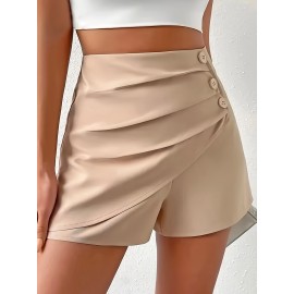 Trendy Ruched Asymmetrical Shorts - Fashionable Solid Color with Fake Buttons - Perfect for Spring & Summer - Chic Womens Casual Wear Trendy Ruched Asymmetrical Shorts - Fashionable Solid Color with Fake Buttons - Perfect for Spring & Summer - Chic Womens Casual Wear