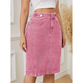 Women's Fashion Pink Denim Skirt - Cotton Blend, Medium Stretch, Solid Color, Sexy Straight Cut with Decorative Fake Buttons, Woven Fabric, Perfect for Spring/Summer/Fall Women's Fashion Pink Denim Skirt - Cotton Blend, Medium Stretch, Solid Color, Sexy Straight Cut with Decorative Fake Buttons, Woven Fabric, Perfect for Spring/Summer/Fall