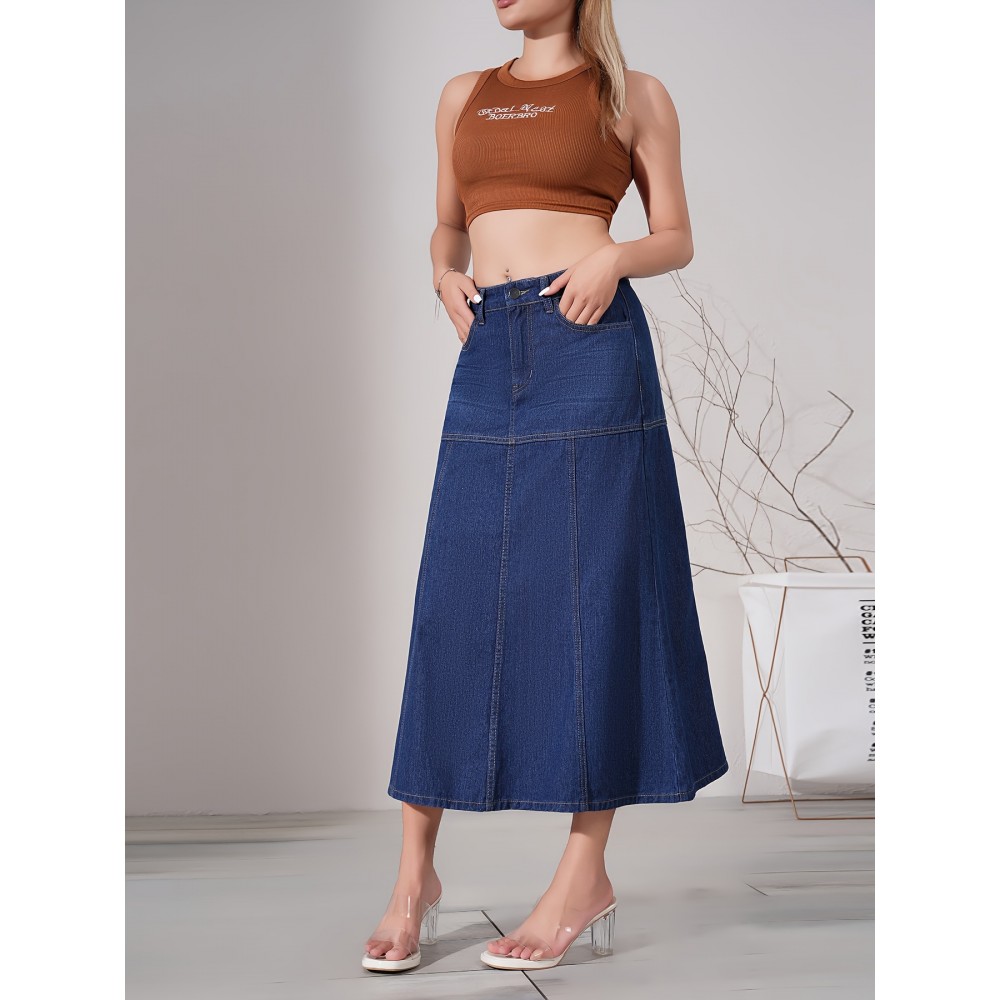 Dark Washed Women's Casual Midi Denim Skirt, Blue Jeans Style, Classic Fit Dark Washed Women's Casual Midi Denim Skirt, Blue Jeans Style, Classic Fit