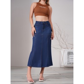 Dark Washed Women's Casual Midi Denim Skirt, Blue Jeans Style, Classic Fit Dark Washed Women's Casual Midi Denim Skirt, Blue Jeans Style, Classic Fit