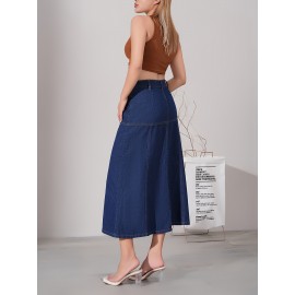 Dark Washed Women's Casual Midi Denim Skirt, Blue Jeans Style, Classic Fit Dark Washed Women's Casual Midi Denim Skirt, Blue Jeans Style, Classic Fit