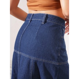 Dark Washed Women's Casual Midi Denim Skirt, Blue Jeans Style, Classic Fit Dark Washed Women's Casual Midi Denim Skirt, Blue Jeans Style, Classic Fit