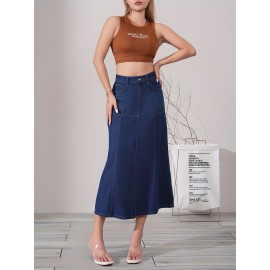 Dark Washed Women's Casual Midi Denim Skirt, Blue Jeans Style, Classic Fit Dark Washed Women's Casual Midi Denim Skirt, Blue Jeans Style, Classic Fit