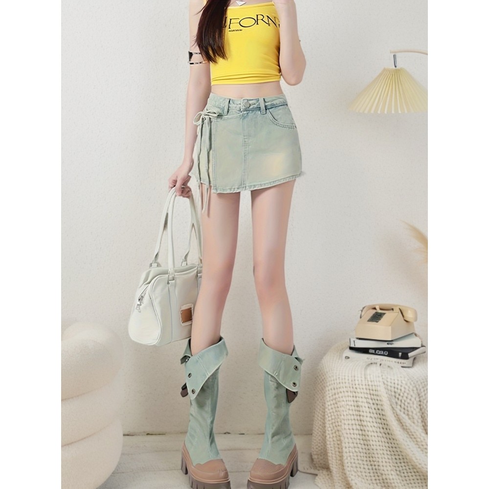 Stylish Women's Denim Skorts: Blue Tie Side Chic Skirted Shorts with Washed Effect Stylish Women's Denim Skorts: Blue Tie Side Chic Skirted Shorts with Washed Effect