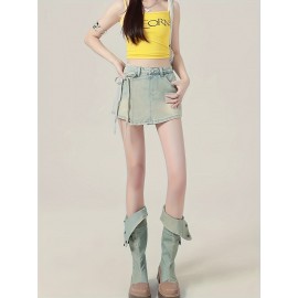 Stylish Women's Denim Skorts: Blue Tie Side Chic Skirted Shorts with Washed Effect Stylish Women's Denim Skorts: Blue Tie Side Chic Skirted Shorts with Washed Effect