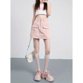 Plain Flap Pocket Cargo Denim Skirt, High Rise Versatile Hot Mini Denim Skirt, Women's Denim Jeans & Clothing Plain Flap Pocket Cargo Denim Skirt, High Rise Versatile Hot Mini Denim Skirt, Women's Denim Jeans & Clothing