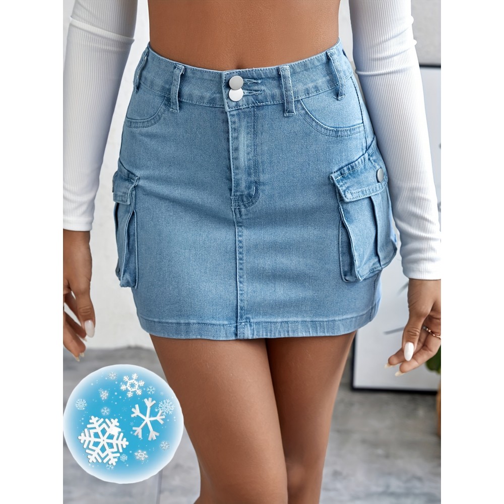 Plain Flap Pockets Cargo Denim Mini Skirt, High Stretch Double Button Washed Denim Skirt, Women's Denim Clothing Plain Flap Pockets Cargo Denim Mini Skirt, High Stretch Double Button Washed Denim Skirt, Women's Denim Clothing