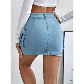 Plain Flap Pockets Cargo Denim Mini Skirt, High Stretch Double Button Washed Denim Skirt, Women's Denim Clothing Plain Flap Pockets Cargo Denim Mini Skirt, High Stretch Double Button Washed Denim Skirt, Women's Denim Clothing