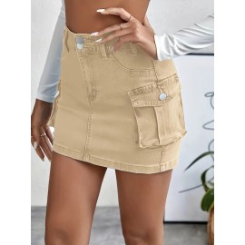 Plain Flap Pockets Cargo Denim Mini Skirt, High Stretch Double Button Washed Denim Skirt, Women's Denim Clothing Plain Flap Pockets Cargo Denim Mini Skirt, High Stretch Double Button Washed Denim Skirt, Women's Denim Clothing