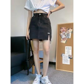 Women's Summer Causal High-Waist Denim Skirt, A-Line Jean Mini Skirt With Side Split, Frayed Hem, Casual Style