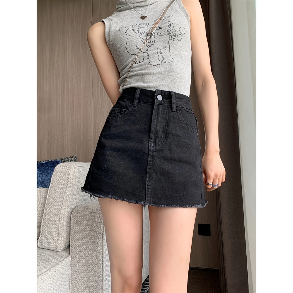 Women's High-Waisted Denim Mini Skirt, Sexy Black Color Plain Jean Skirt, Frayed Hem, Casual Summer Outfit Women's High-Waisted Denim Mini Skirt, Sexy Black Color Plain Jean Skirt, Frayed Hem, Casual Summer Outfit