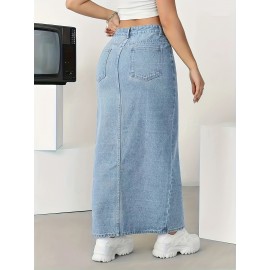 Split Side Whiskering Light Washed Blue Casual Style Stretchy Maxi Denim Skirt, Women's Denim Jeans & Clothing Split Side Whiskering Light Washed Blue Casual Style Stretchy Maxi Denim Skirt, Women's Denim Jeans & Clothing