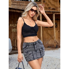 Women's Elegant Vintage Grey Denim Mini Skirt With Flap Pockets, Zipper Button Closure Cargo Denim Skirt Women's Elegant Vintage Grey Denim Mini Skirt With Flap Pockets, Zipper Button Closure Cargo Denim Skirt