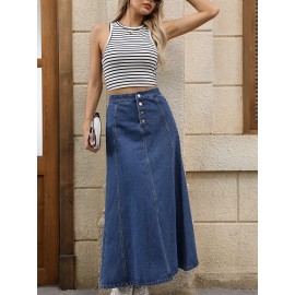 Single-breasted Plain Washed Blue Denim Skirt, Elegant High Rise Maxi Denim Skirt, Women's Denim Jeans & Clothing Single-breasted Plain Washed Blue Denim Skirt, Elegant High Rise Maxi Denim Skirt, Women's Denim Jeans & Clothing
