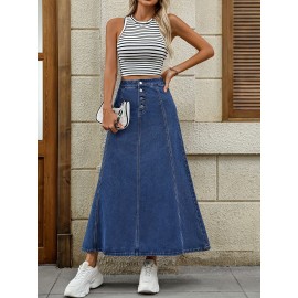 Single-breasted Plain Washed Blue Denim Skirt, Elegant High Rise Maxi Denim Skirt, Women's Denim Jeans & Clothing Single-breasted Plain Washed Blue Denim Skirt, Elegant High Rise Maxi Denim Skirt, Women's Denim Jeans & Clothing