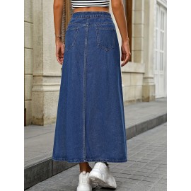 Single-breasted Plain Washed Blue Denim Skirt, Elegant High Rise Maxi Denim Skirt, Women's Denim Jeans & Clothing Single-breasted Plain Washed Blue Denim Skirt, Elegant High Rise Maxi Denim Skirt, Women's Denim Jeans & Clothing