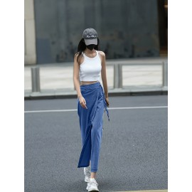 Women'S Elegant Denim Wrap Skirt - High Waist Lace-Up Slit Midi Skirt, Cotton Blend, Geometric Pattern, Woven Fabric, Non-Stretch for Spring/Summer/Fall Women'S Elegant Denim Wrap Skirt - High Waist Lace-Up Slit Midi Skirt, Cotton Blend, Geometric Pattern, Woven Fabric, Non-Stretch for Spring/Summer/Fall