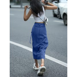 Women'S Elegant Denim Wrap Skirt - High Waist Lace-Up Slit Midi Skirt, Cotton Blend, Geometric Pattern, Woven Fabric, Non-Stretch for Spring/Summer/Fall Women'S Elegant Denim Wrap Skirt - High Waist Lace-Up Slit Midi Skirt, Cotton Blend, Geometric Pattern, Woven Fabric, Non-Stretch for Spring/Summer/Fall