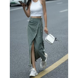 Women'S Elegant Denim Wrap Skirt - High Waist Lace-Up Slit Midi Skirt, Cotton Blend, Geometric Pattern, Woven Fabric, Non-Stretch for Spring/Summer/Fall Women'S Elegant Denim Wrap Skirt - High Waist Lace-Up Slit Midi Skirt, Cotton Blend, Geometric Pattern, Woven Fabric, Non-Stretch for Spring/Summer/Fall